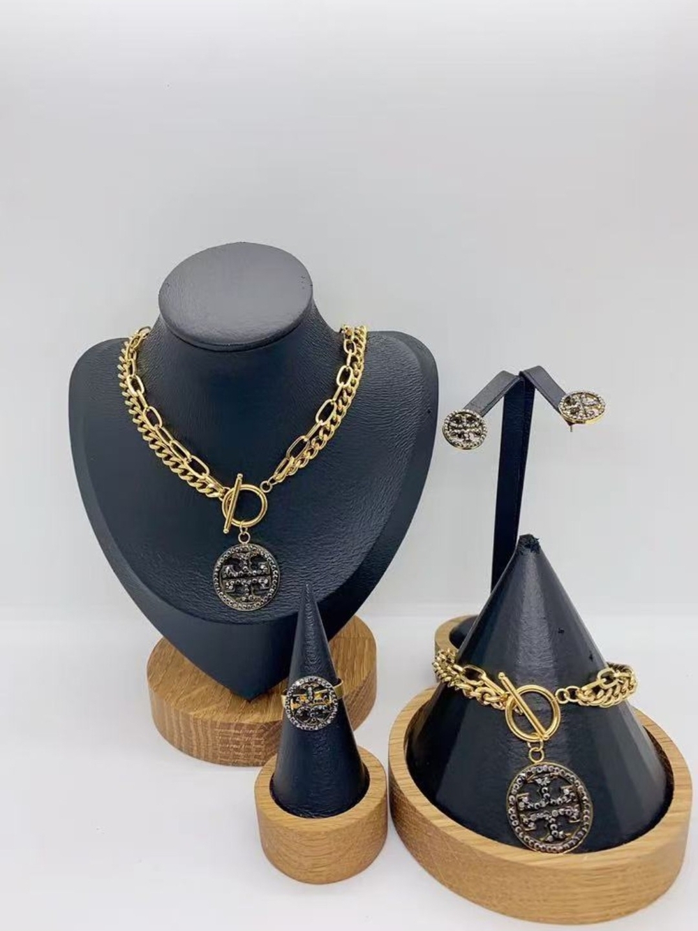Fashion Jewelry Gold-Tone Necklace Set with Black Crystal Medallions